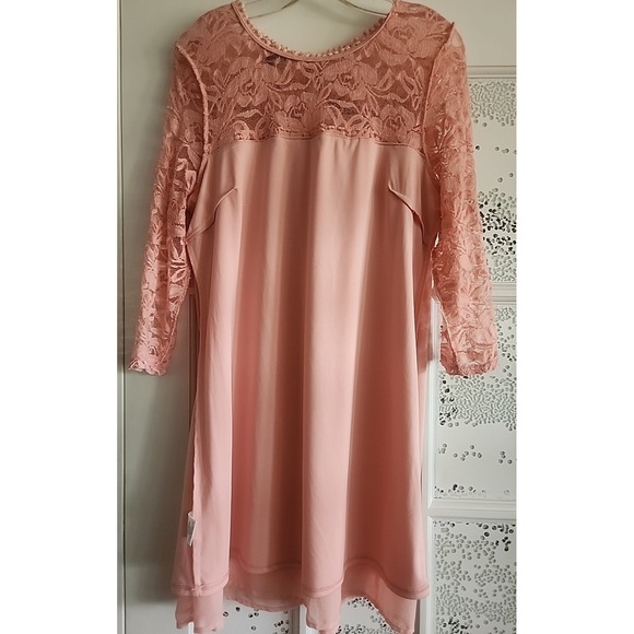 Spring Easter Summer Peach High Waist Baby Doll Dress Lace 3/4 Sleeves Lined‎ L - Picture 5 of 8